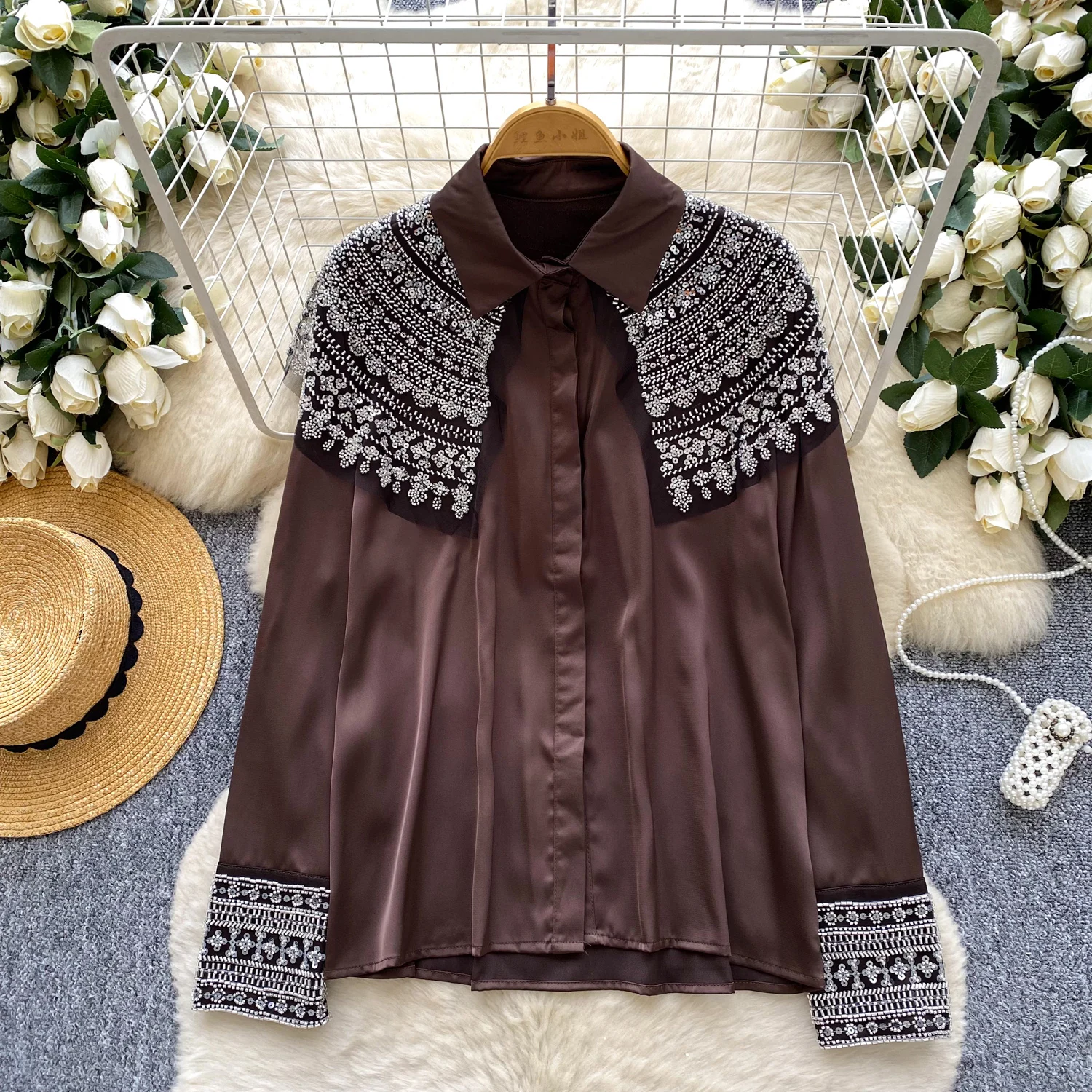 

Vintage Elegant sequin mesh long sleeve Top Korean Streetwear High Street Autumn Basics T-Shirts