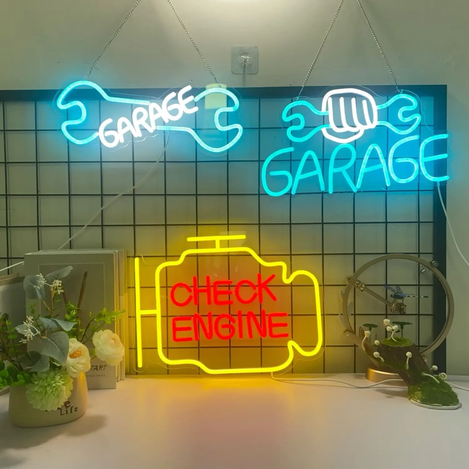 Check Engine Neon Signs for Wall Decoration, LED Neon Garage Signs, Garage Lighting Signs for Men\'s Auto Repair Shop Workshops