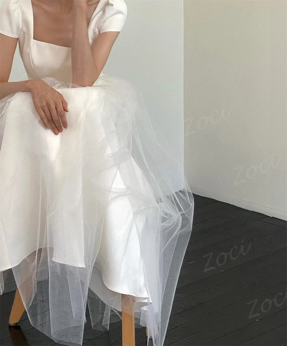 Zoci ชุดแต่งงานเกาหลีคอเหลี่ยมแขนสั้นชุดเจ้าสาว A-Line ชุดเจ้าสาวยาวชั้นที่กําหนดเองชุดราตรี