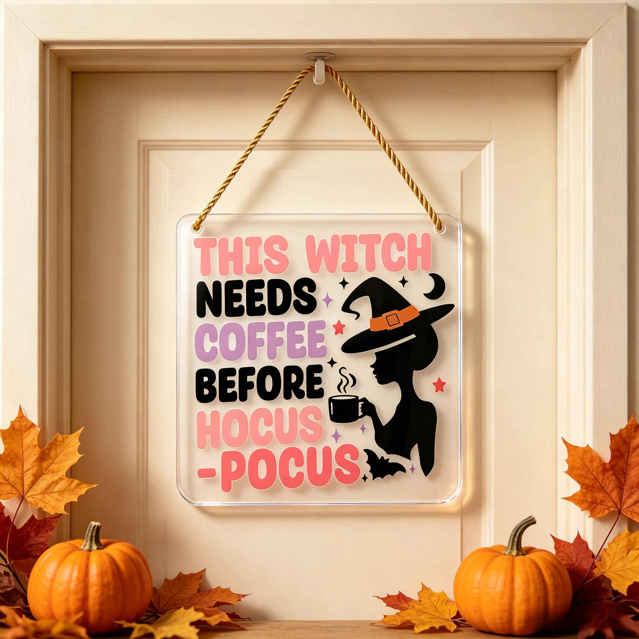 This Witch Needs Coffee Before Hocus‑Pocus Acrylic Hanging Sign, Funny Halloween Wall Decor Funny Witch Coffee Quote Acrylic Plaque, Halloween Door Hanging Ornament