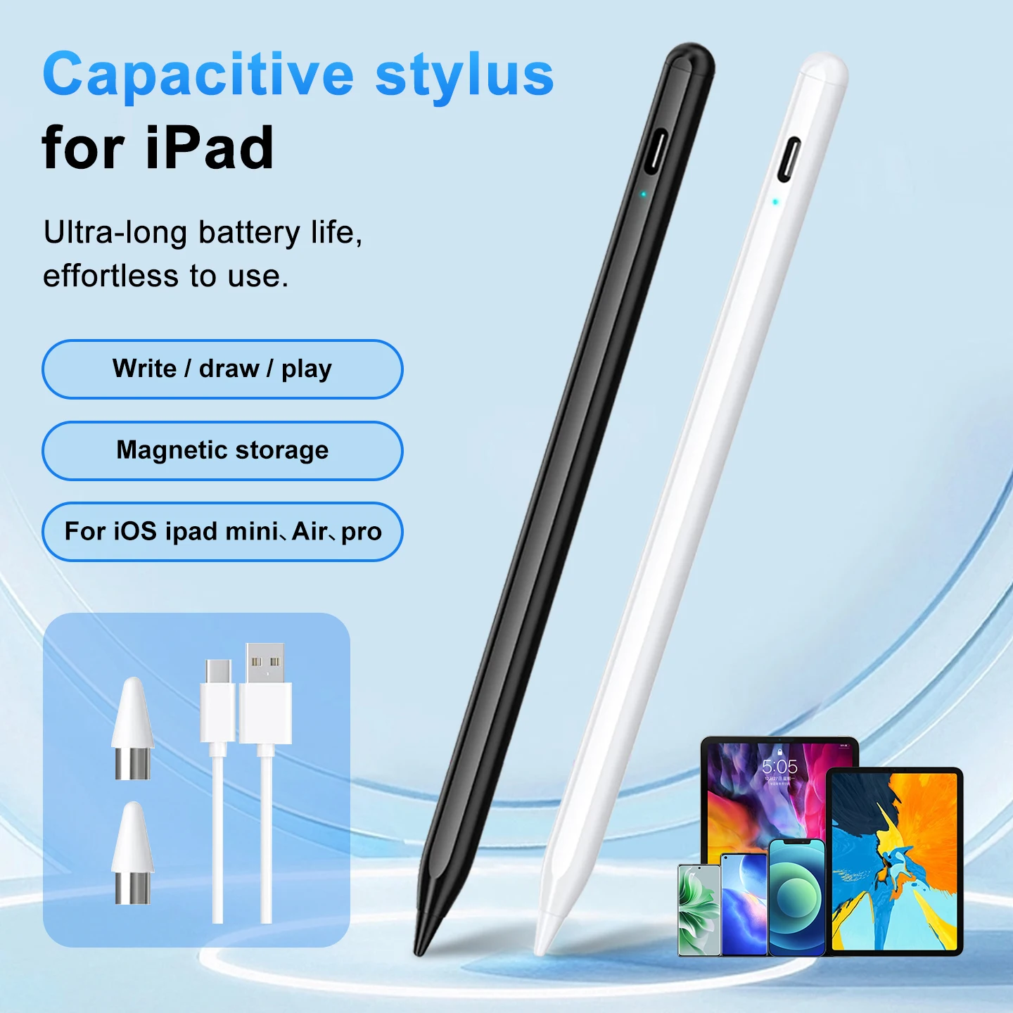 

Rechargeable Stylus Pen for iPad iPhone Samsung, 95% Touchscreen Support, Fast Charge, Long Battery Life, Side Magnet