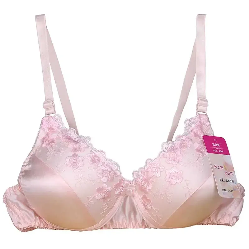 New upgraded double-sided silk bra without steel ring thin non gathering lace breathable mulberry silk underwear bra