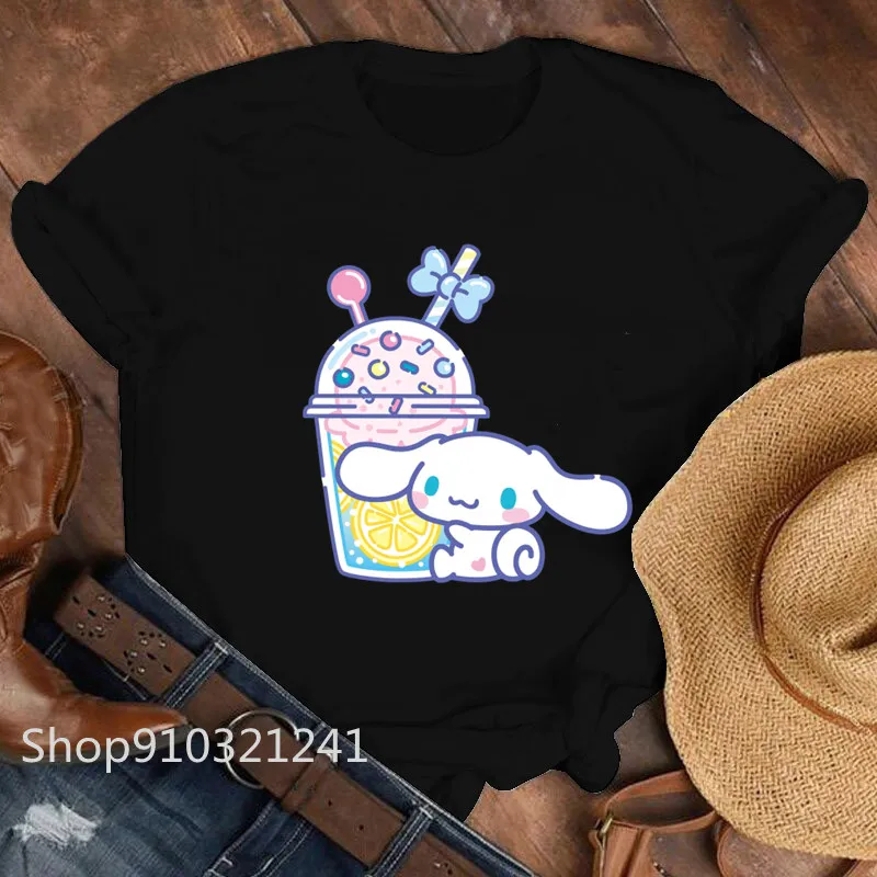 Kawaii CAFE T-shirt Women Cinnamoroll Summer Graphic Tee Shirts Printed Cute Short Sleeve Cartoon T Shirt Tops Female Clothing