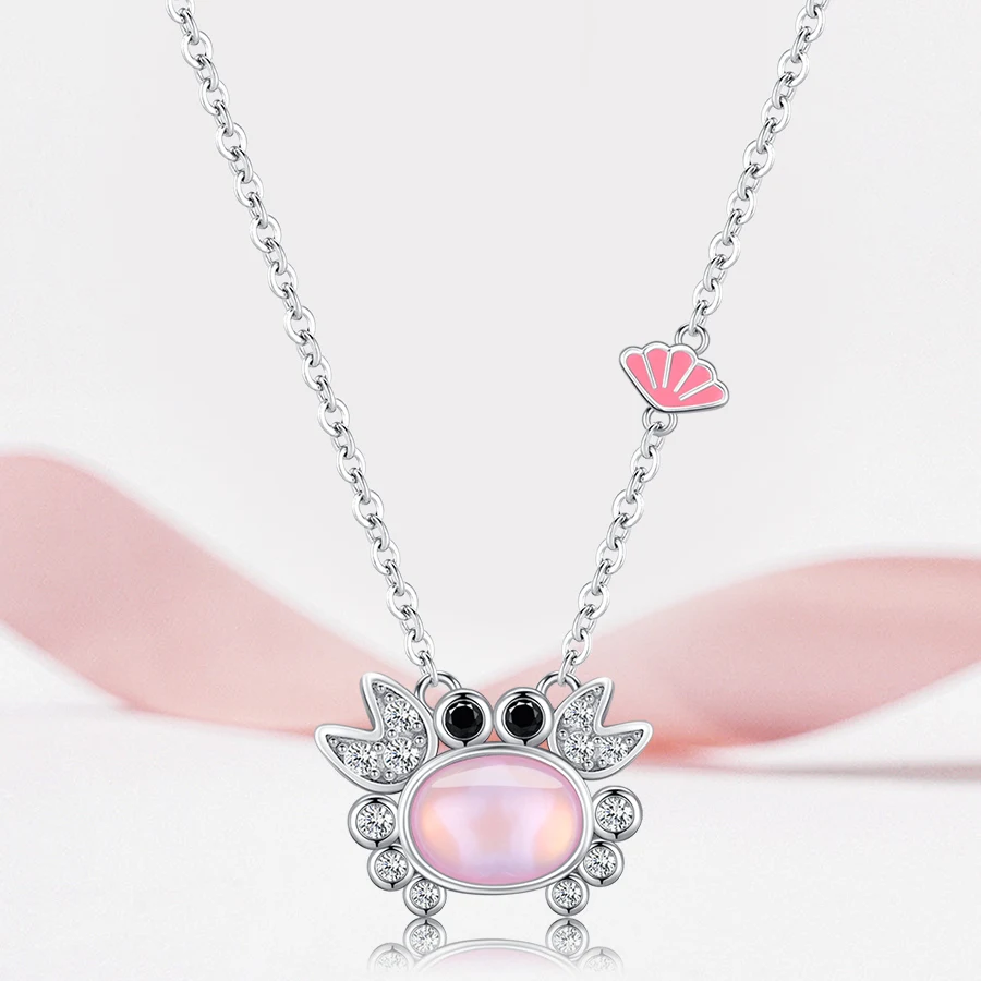 New Original 925 Sterling Silver Pink Crab Charm Necklace Fit Bracelet Diy For Women Fashion Jewelry Hot Fine Pendant Love Gift
