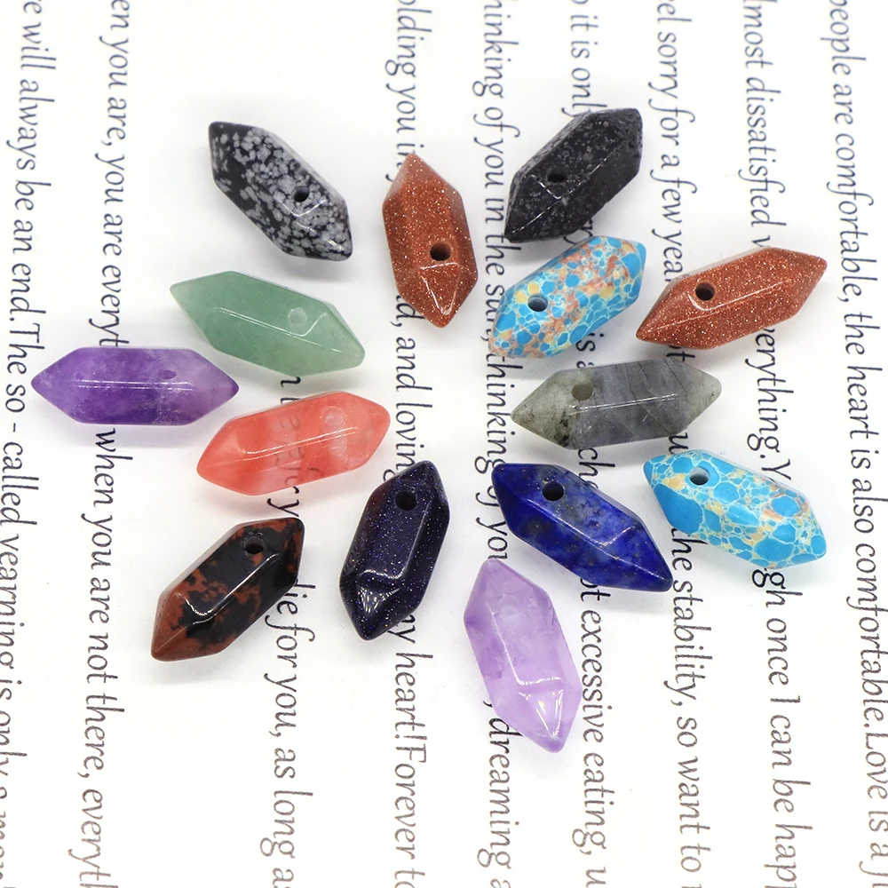 Double-Pointed Hexagonal Quartz Natural Energy Stone Crystal Crafts Drilled Hole Point Wand Pendant Necklace Jewelry Gift 8x20mm