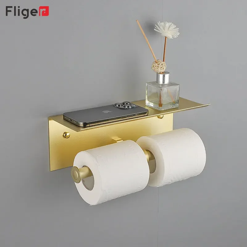 Fliger Toilet Paper Holder Black Gold Paper Towel Roll Rack Bath WC Paper Phone Holder Shelf Bathroom Kitchen Long Tissue Rack