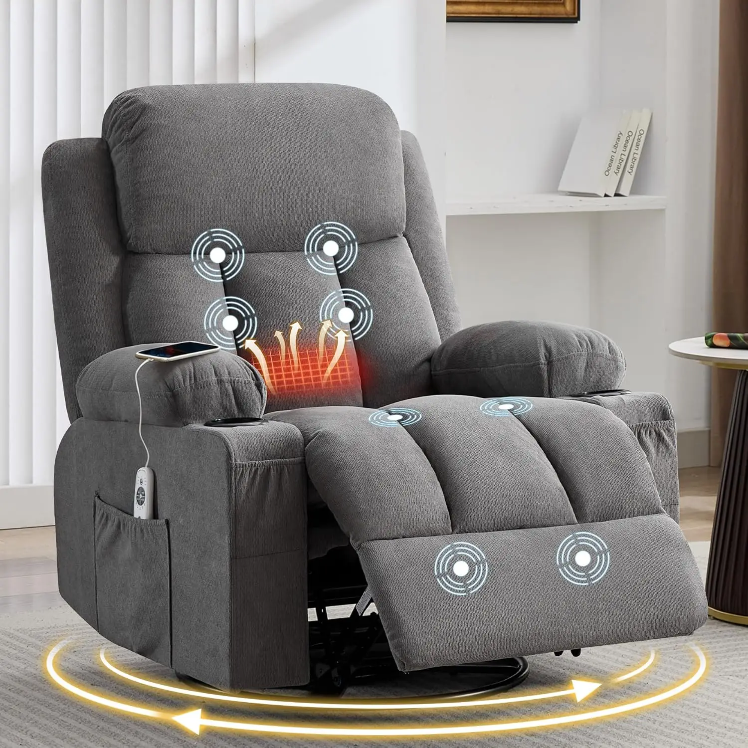 Swivel Rocker Recliner with Vibration Massage, Heat, Side Pocket, USB Charge Port and 2 Cup Holders for Living Room