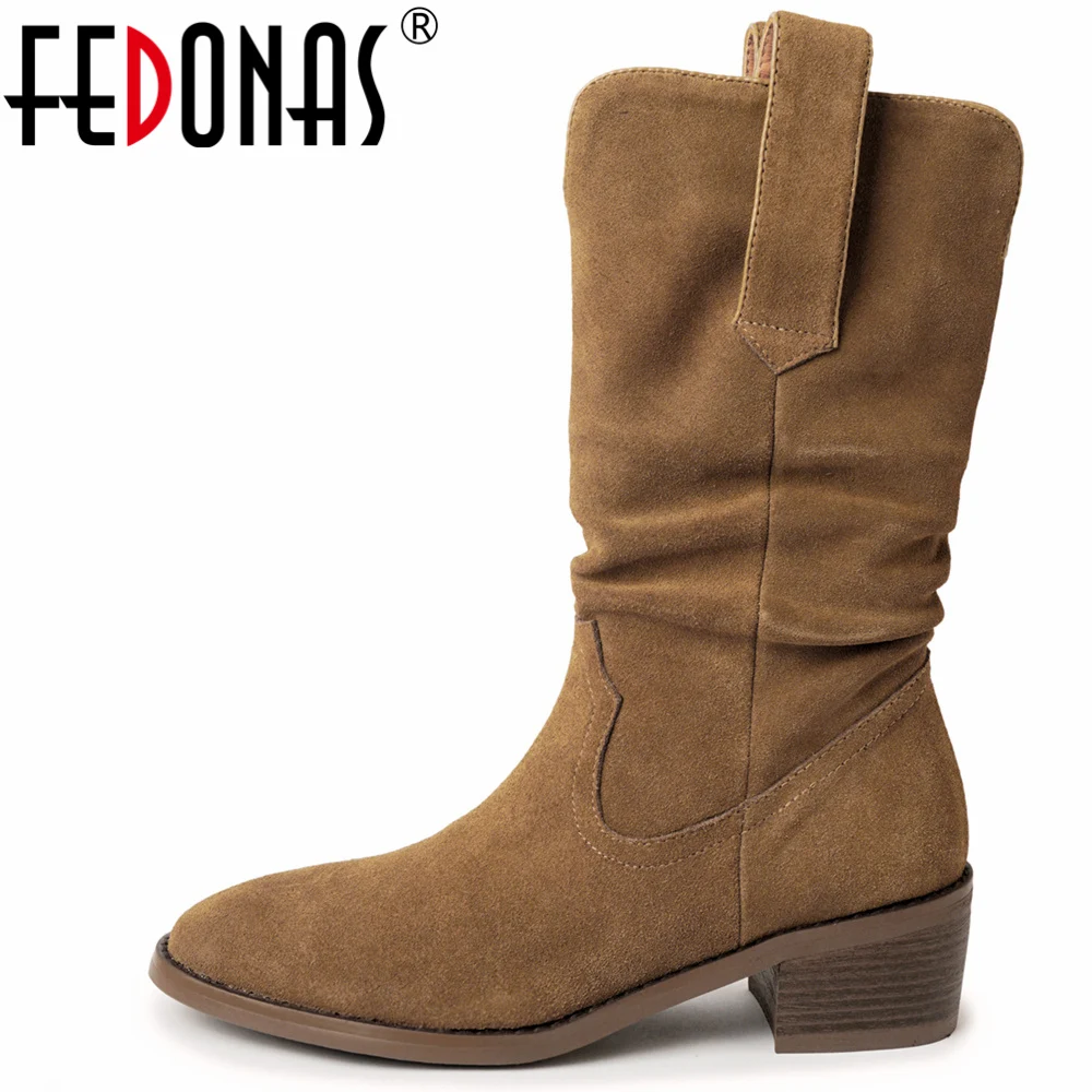 

FEDONAS New Vintage Women Mid-Calf Boots Cow Suede Leather Thick Heels Spring Autumn Four Season Retro Shoes Woman Casual Office