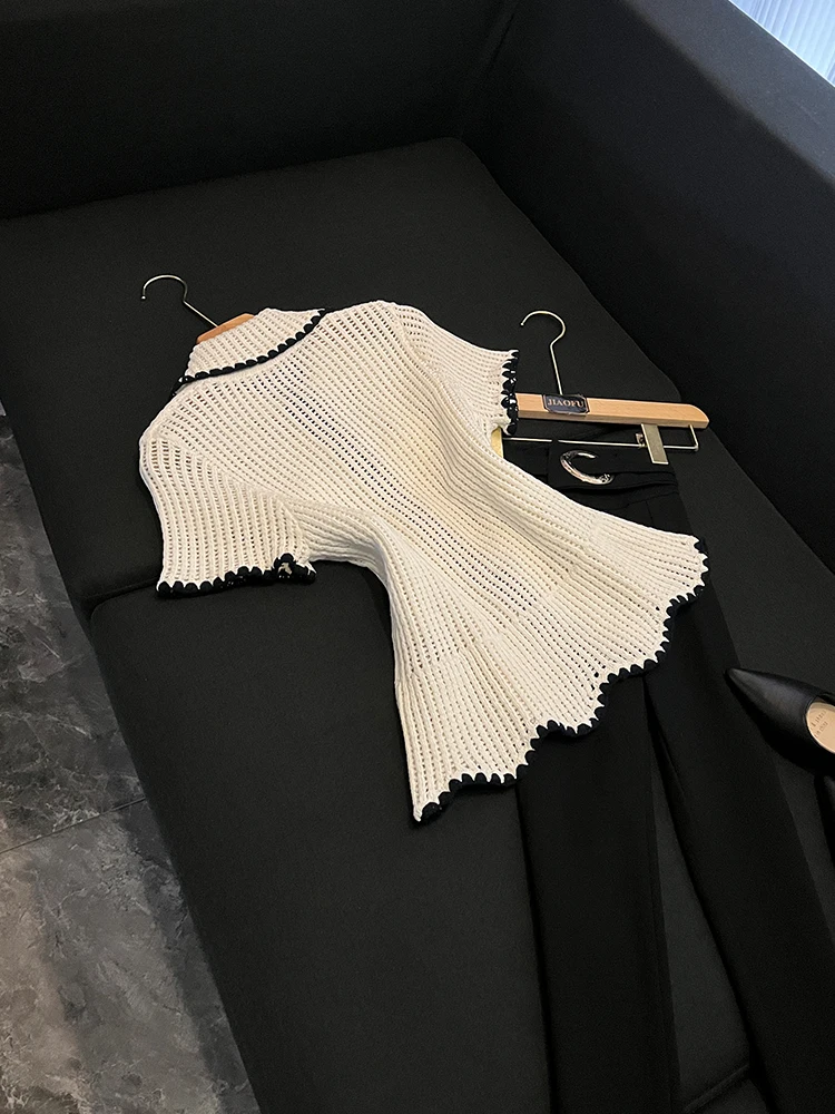 

New Design Color Blo Collar ort Sve Knitwear Ele irt Sle Pleated Single Button Sweet Sle Summer Top