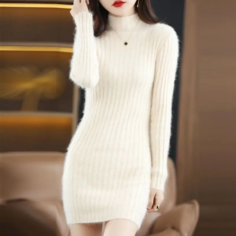Slimming Semi-High Neck Faux Mink Knitted Dress Mid-Length Waist Hugging Outerwear Sweater