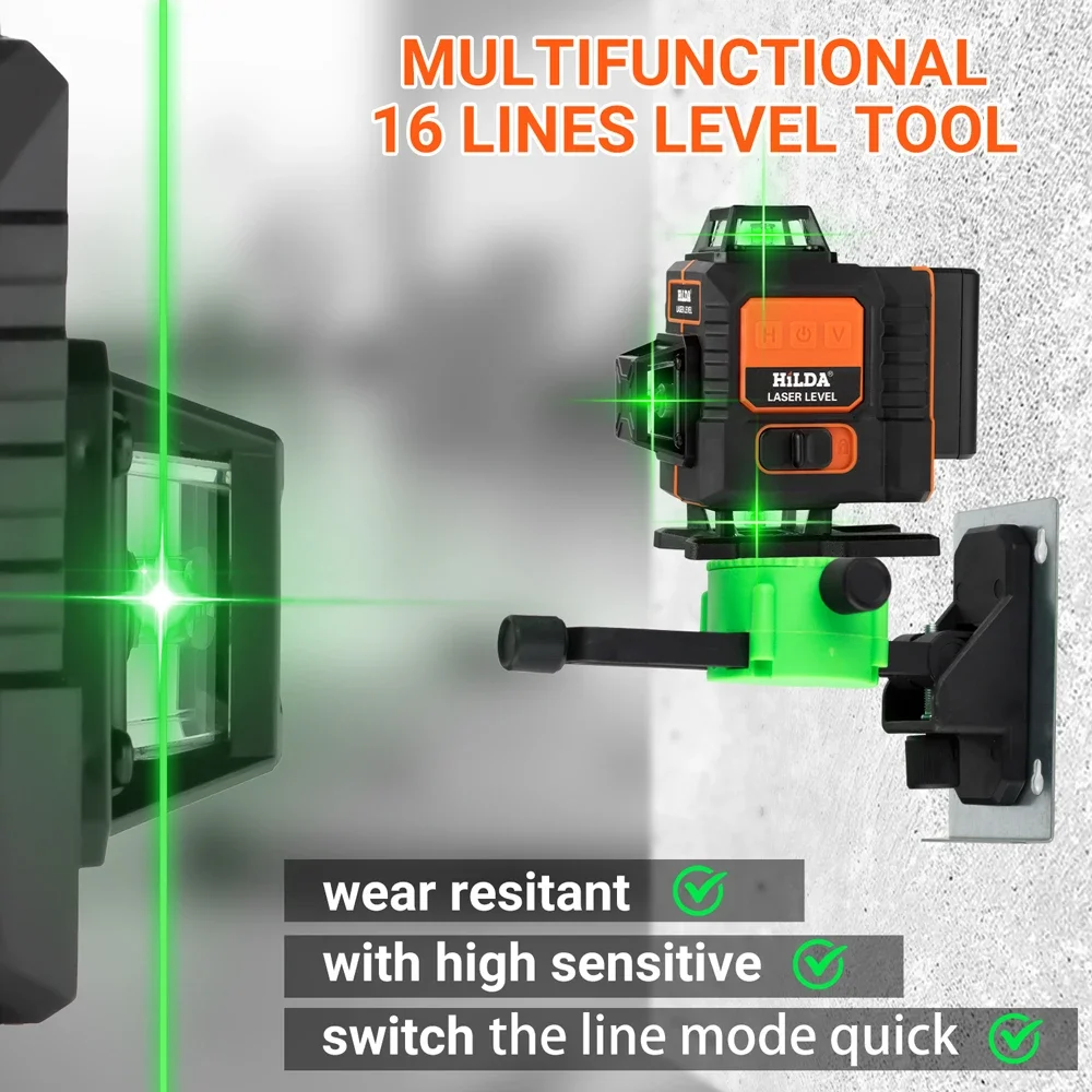 Imagem -06 - Nível Laser Verde com Li-ion Self-nivelamento Controle Remoto Suporte de Parede Integrado Ferramenta de Medição 16 Linhas 4d 360 Graus