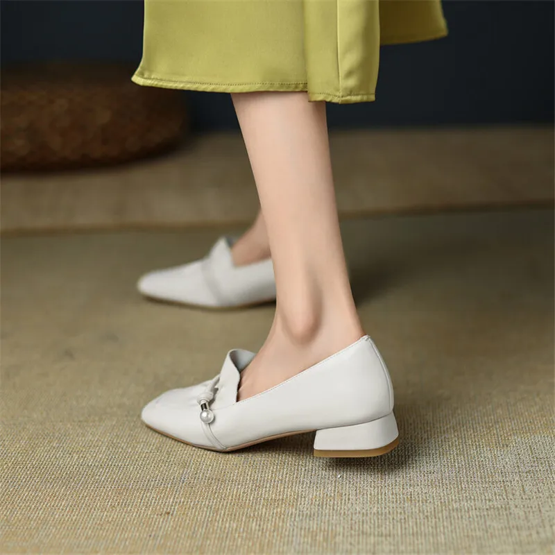 New Spring Women Loafers Cow Leather Low Heel Shoes for Women Square Toe Chunky Heel Shoes Comfortable Women Pumps Slip-On Shoes