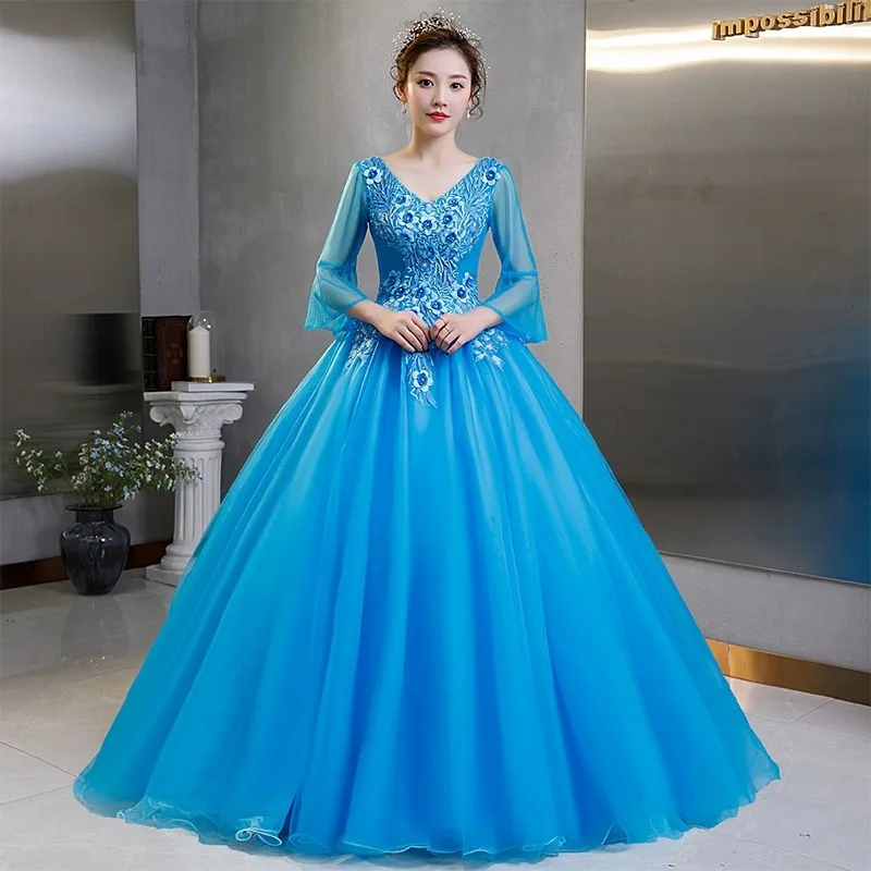 Customized Ball Gown Women Evening Dresses Appliques V Neck Prom Birthday Party Gowns Vestido De Noche robes de soirée