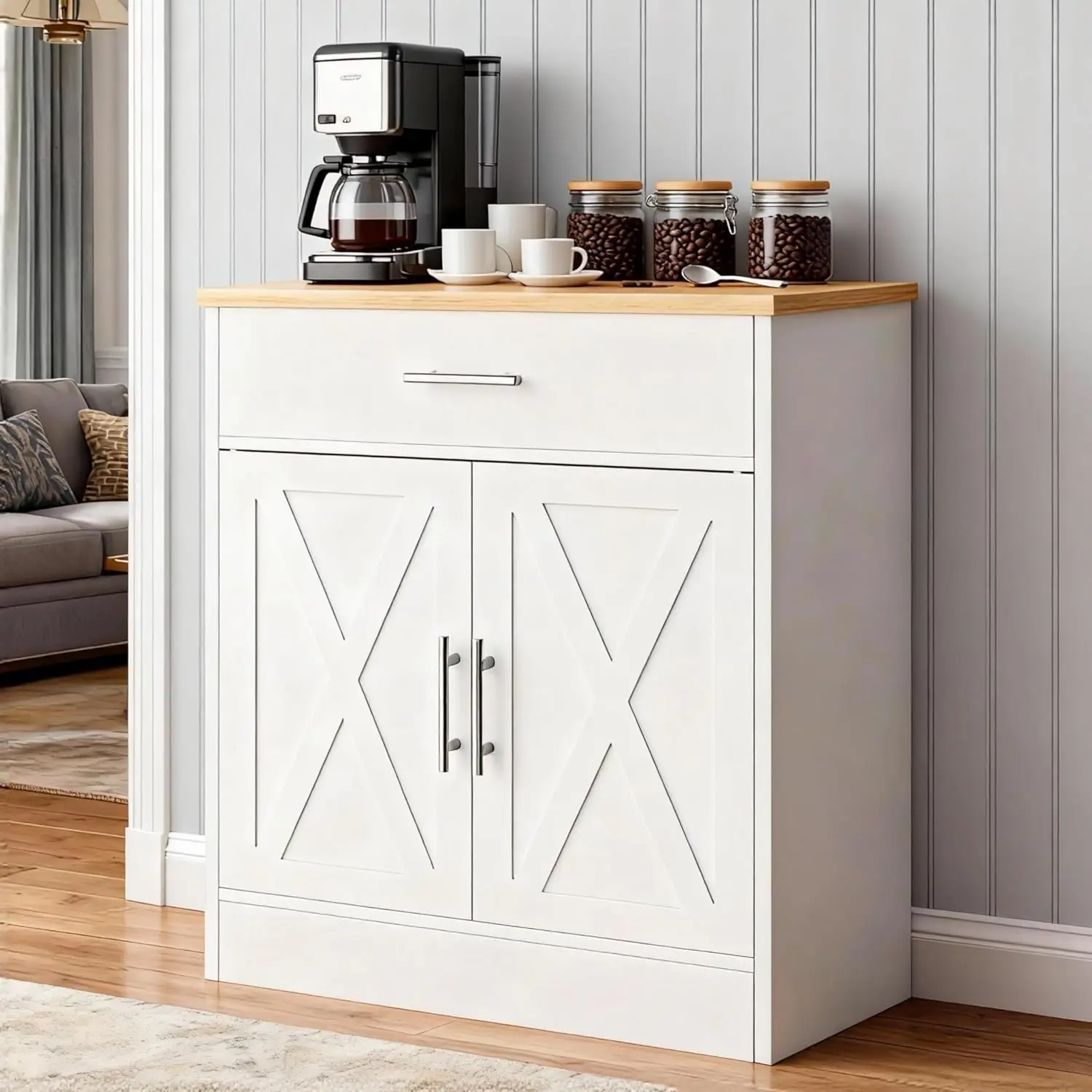 

Coffee Bar Cabinet, Wooden Storage Cabinet with 2 Doors & 1 Drawers, Modern Farmhouse Kitchen Buffet Sideboard, Customized