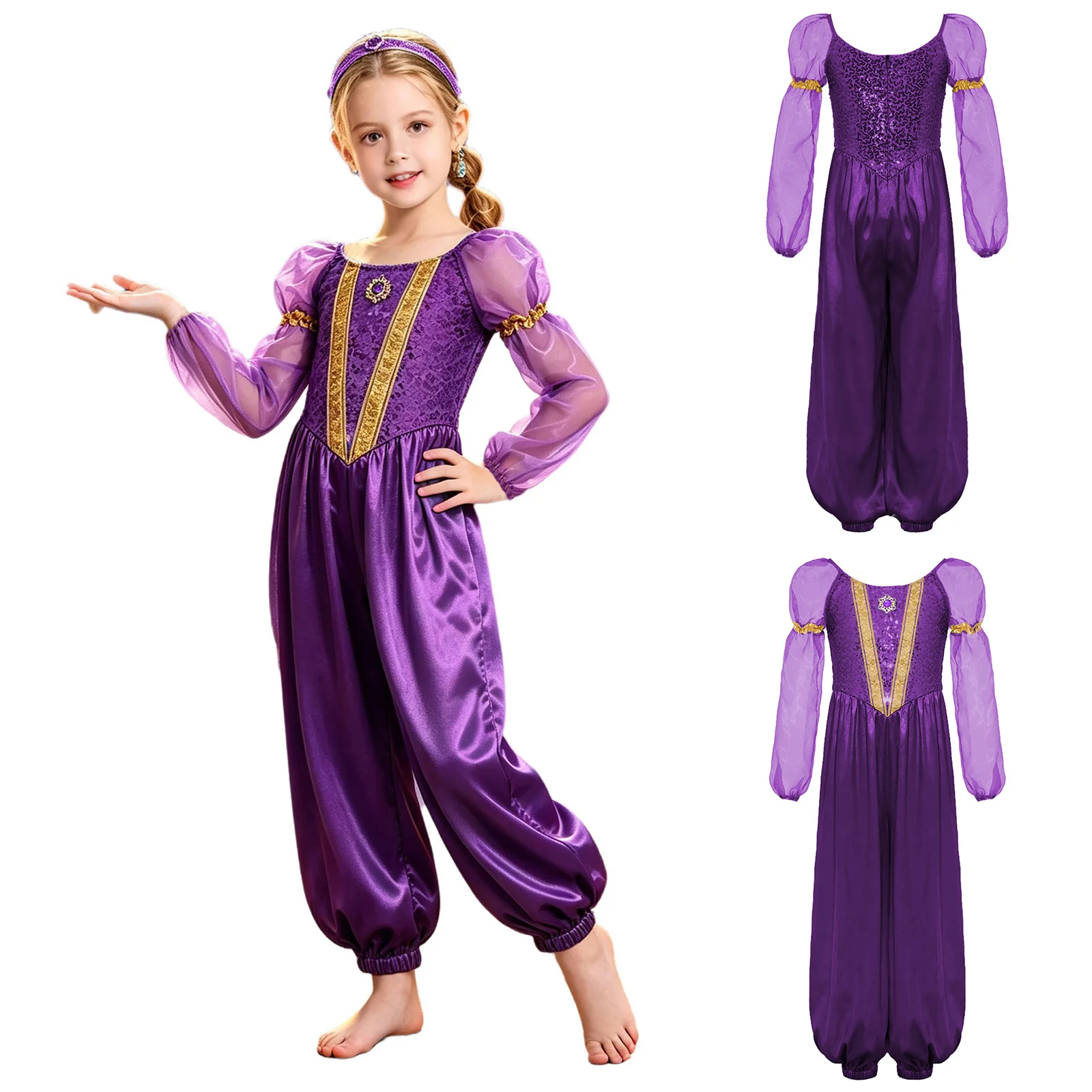 Kids Girls Arabian Princess Dress Up Costume Sequin Tulle Sleeve Zipper Satin Jumpsuit Halloween Arab Indian Belly Dance Clothes