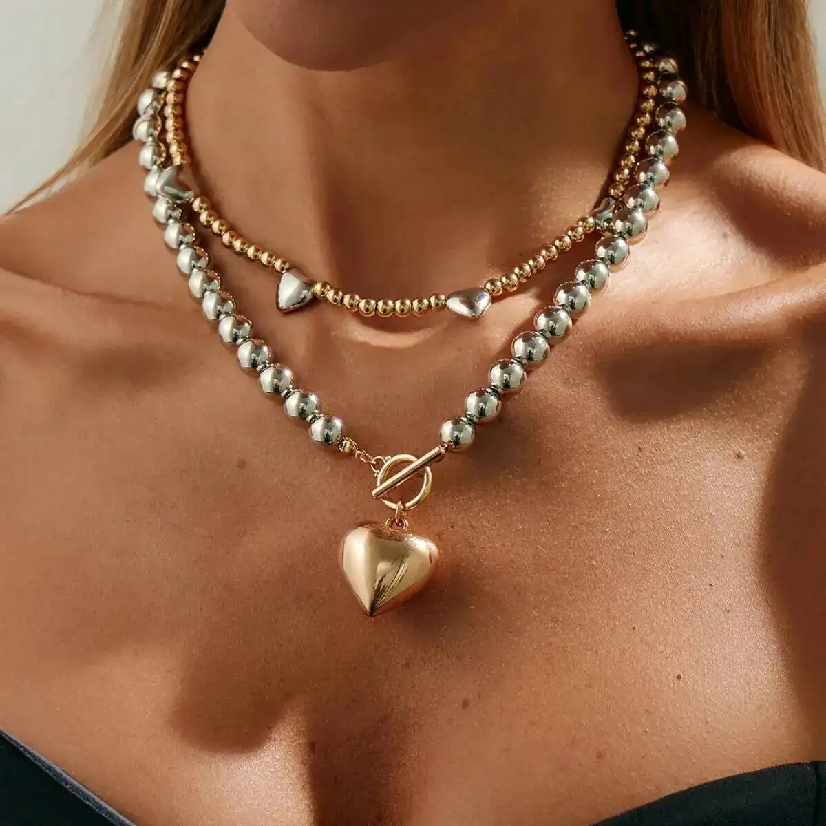 KunJoe 2 قطعة/المجموعة الشرير الحب القلب قلادة قلادة للنساء ريترو تكويم الاكريليك سلسلة من الخرز المختنق قلادة مجوهرات الحفلات 2026 #2