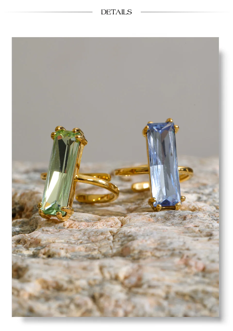 Yhpup Neuer Weiß-Grün-Blauer Rechteckiger Zirkonia Verstellbarer Ring, Eleganter Beliebter Zarter Goldfarbener Fingerschmuck – Detail 9