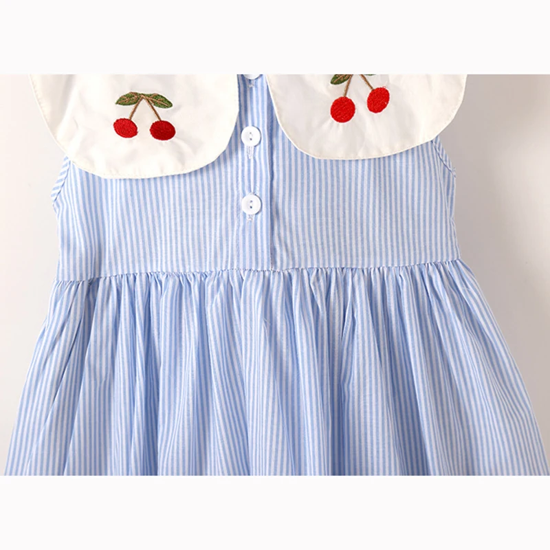 Infant Baby Clothes 2-7Yrs Girl Dress Birthday Party Blue Stripes Kids Toddler Girl Dresses Embroidered Cherry Children Outfits
