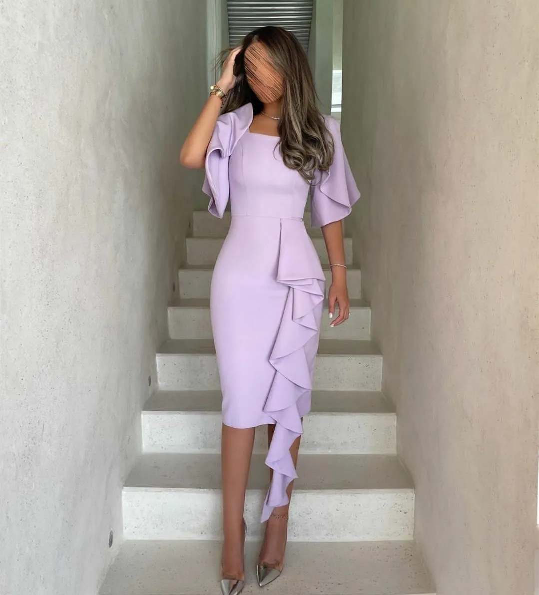 

Customized Short Sleeve Lilac Crepe Evening Dresses With Ruffles Sheath Tea Length Formal Prom Dress for Women