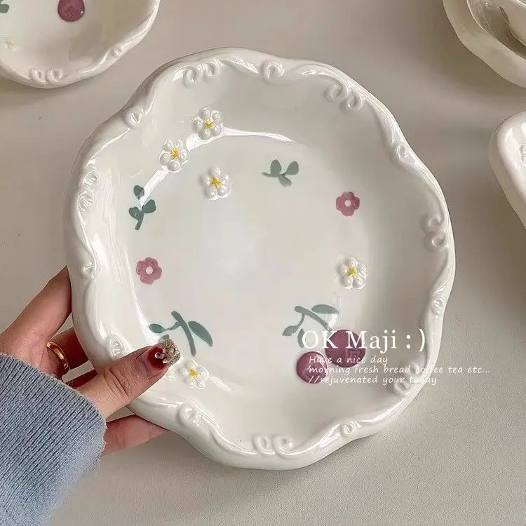 Creative Relief Hand-painted Tableware, Dinner Plate, Ceramic Rice Bowl, Soup Bowl, Kitchen Drinkware Set, Home Accessories