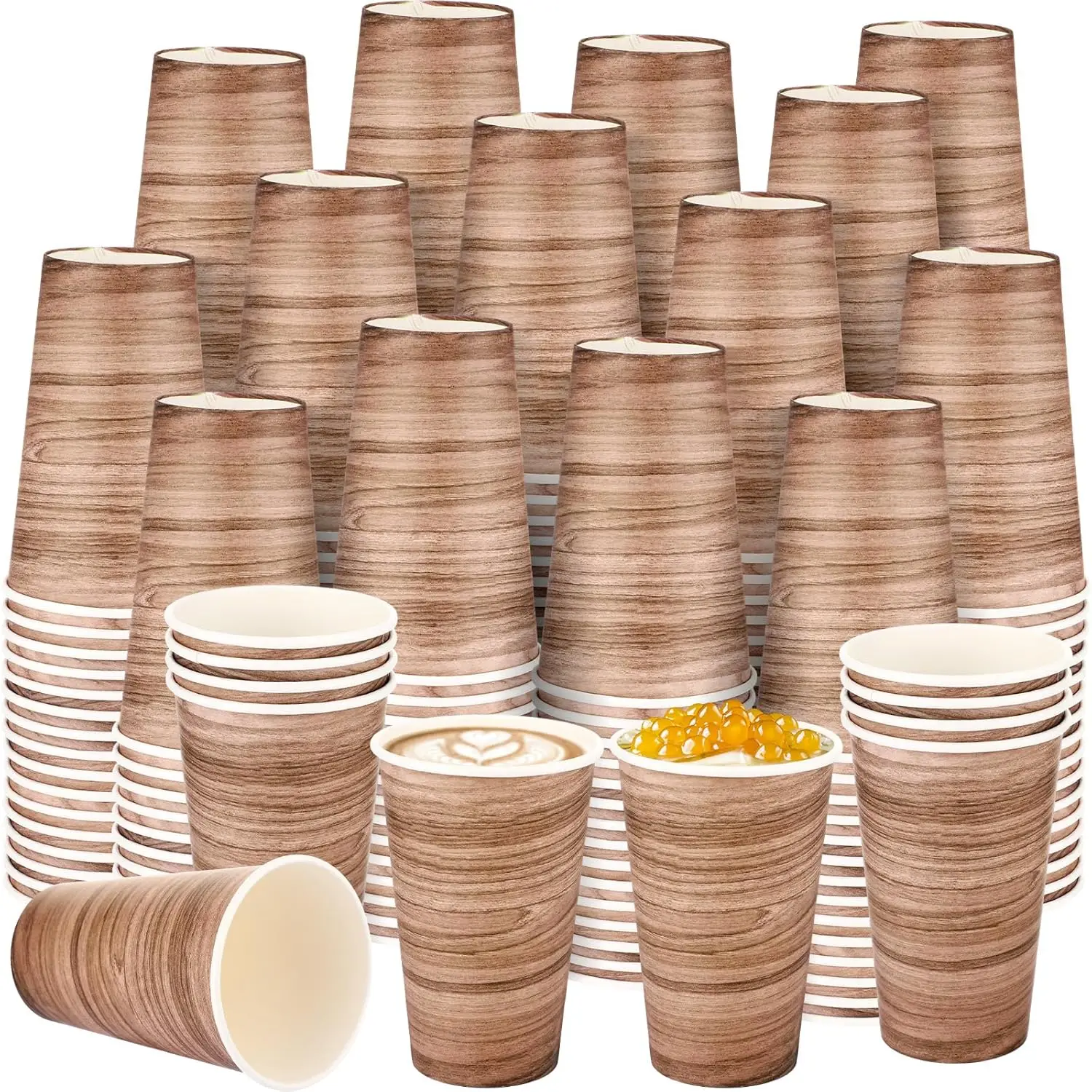 

100 Pcs 16 oz Wood Grain Disposable Cups Black and White Checkered Paper Coffee Hot Cold Beverage Chocolate Tea Cocoa Co