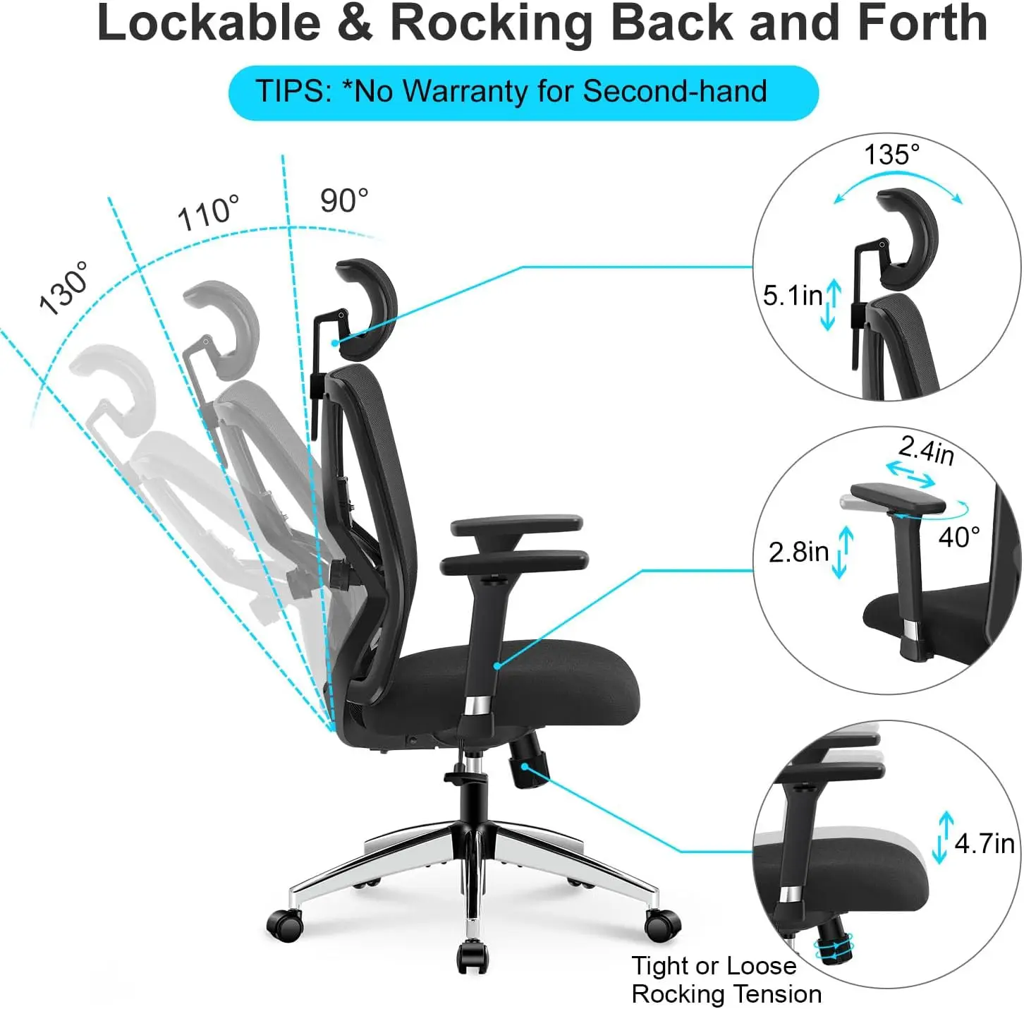 Ergonomic Office Chair with Adjustable Lumbar Support, Headrest and 3D Metal Armrests - 130° Rocking Mesh Computer Chair