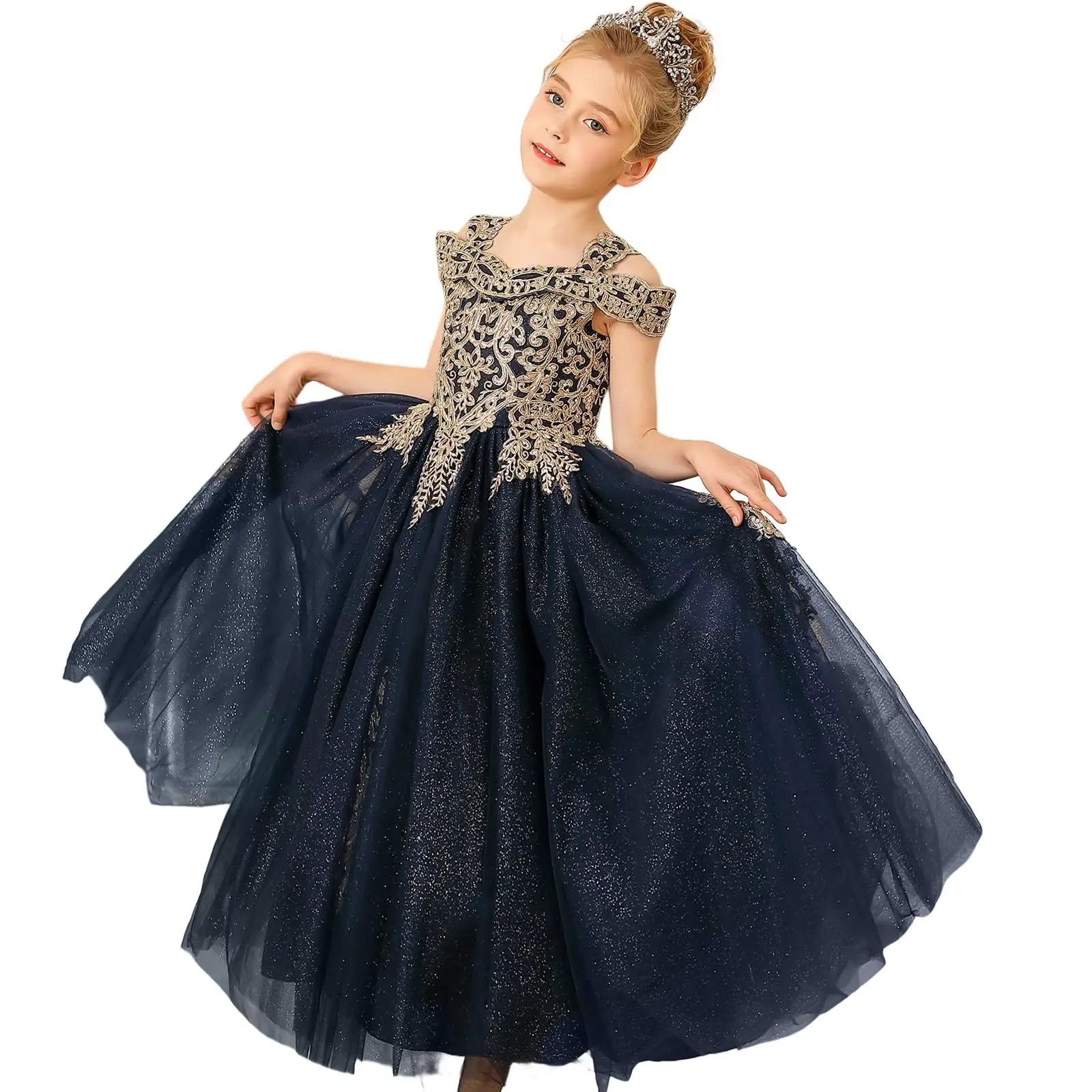 Luxury Gold Decals Formal Girls Tulle Long Pageant Flower Girls Dress Prom Ball Gown Gold Lace Beaded Kids Birthday Gift