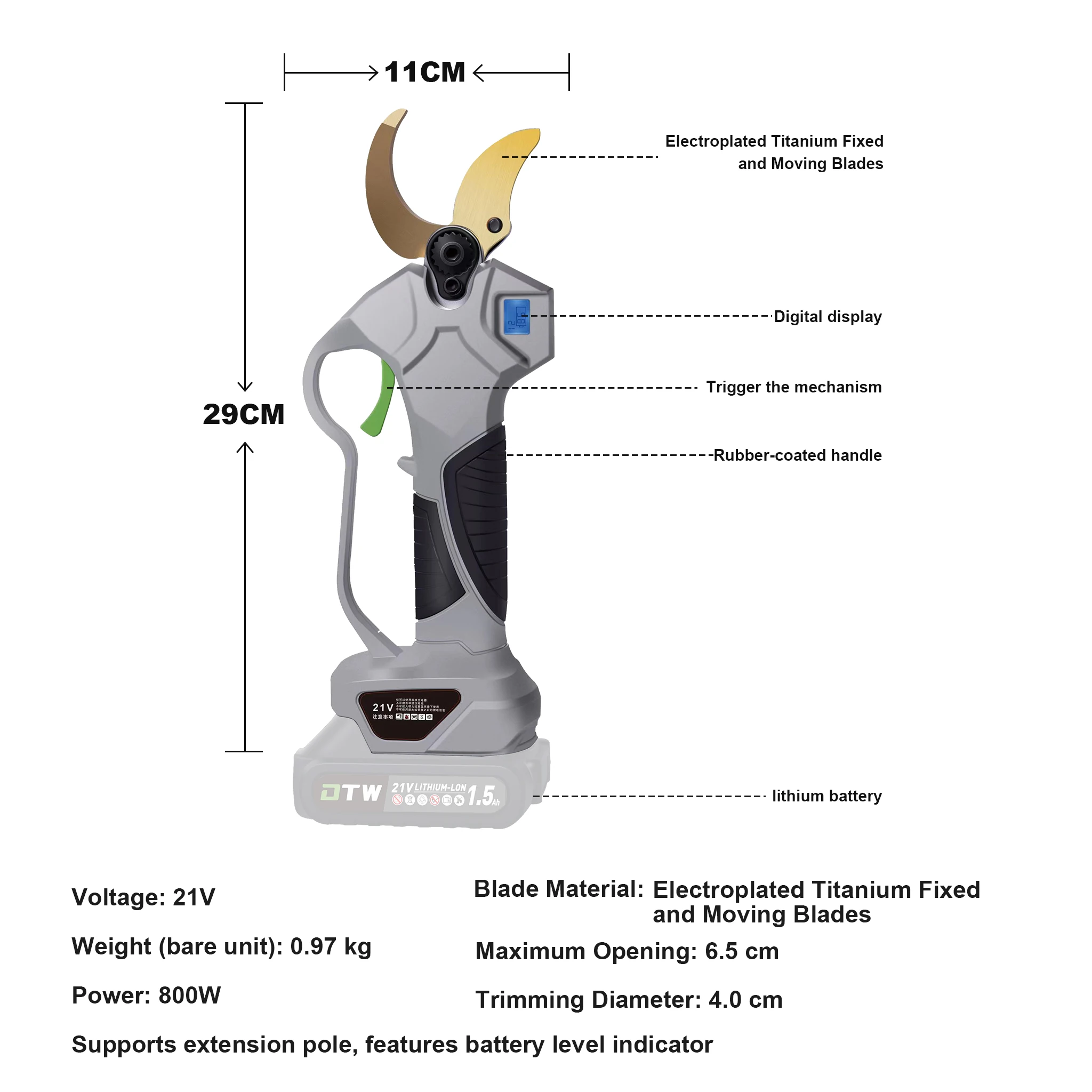 DTWA1-0021 Brushless 21V Cordless Electric Scissor Pruner SK5 Blade DIY Industrial Use Plastic Anti-Slip Grip OEM Customization