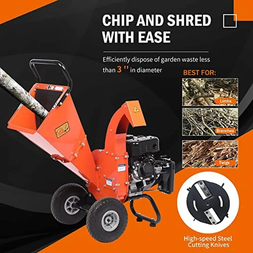 Wood Chipper Shredder Mulcher 7HP Gas Powered 3" Max Capacity 15:1 Reduction Ratio Vertical Extended Discharge Guide 3600 RPM