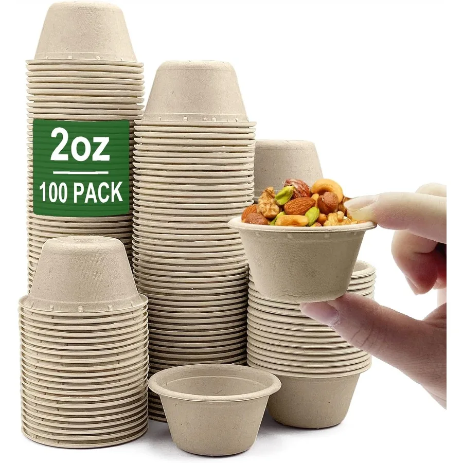 

2 унции одноразовые чашки для суфле из волокна Bagasse, 100 шт., 100 натуральных биоразлагаемых компостируемых чашек для приправ для дегустации отбора проб пищевых продуктов
