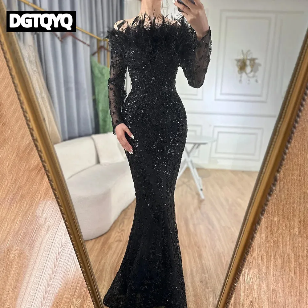 Elegant Black One-Shoulder Feathery Fish-Tail Gown for Hostess of Banquet Luxury Evening Dress Stylish Lady's Ball Gown - view 2