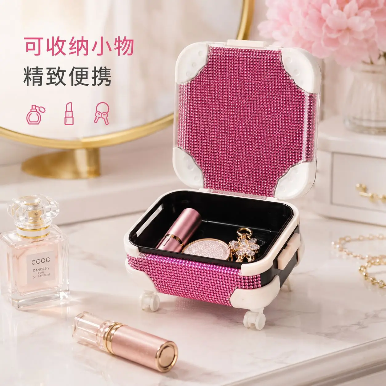 Mini Trolley Case with Diamonds, Jewelry Storage Box, Portable Jewelry Box, Travel Cosmetics Organizer Box, Gift Set Gift