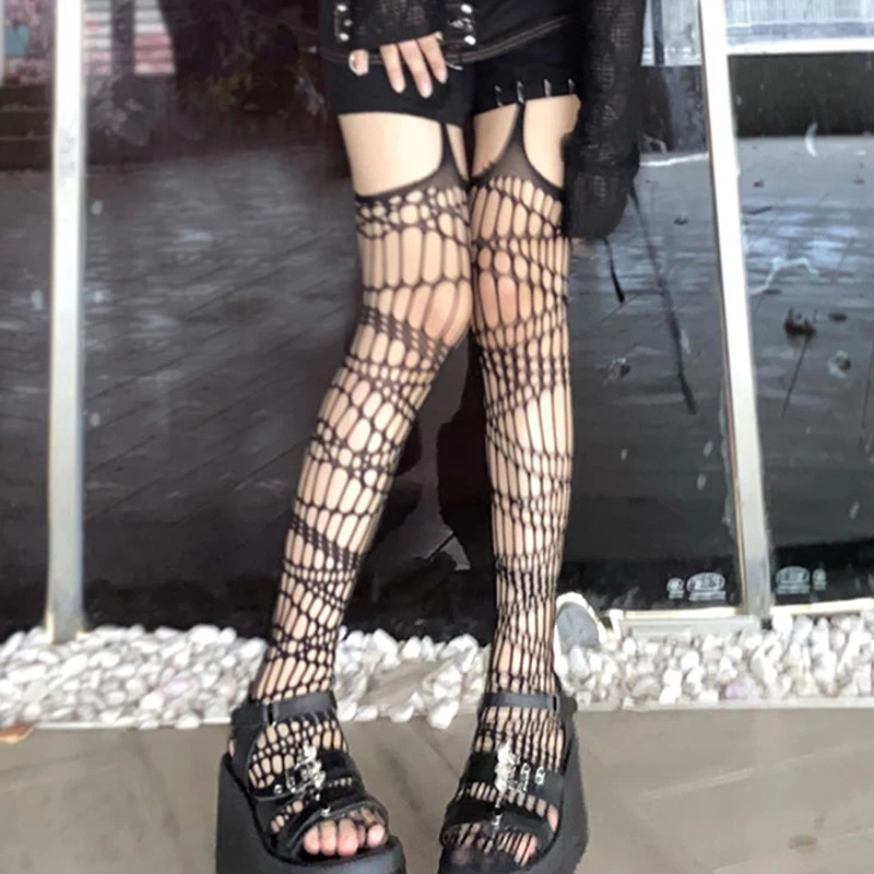 Newjapan Harajuku Stoking Jaring-jaring Berongga Mode Wanita Berongga Hitam Gotik Seluruh Tubuh Stoking Pantyhose Jaring