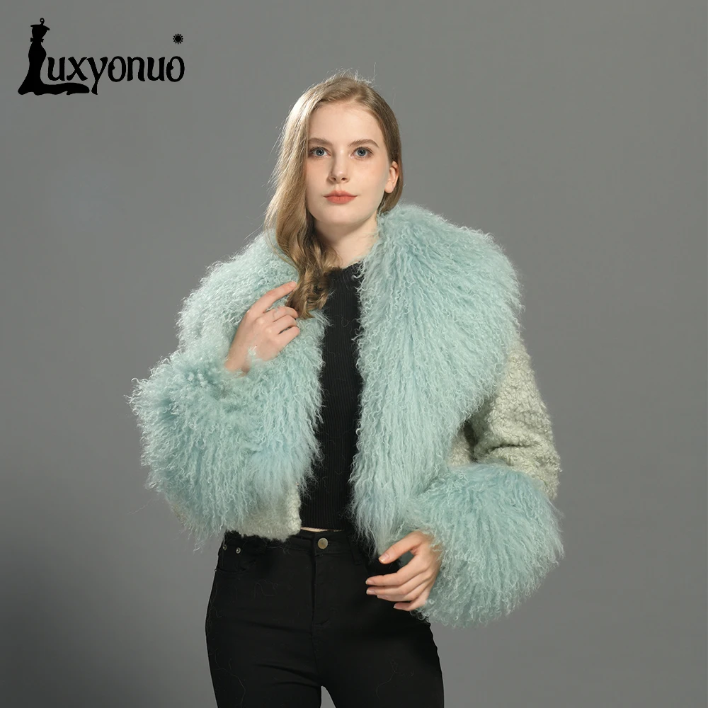 Luxyonuo Wool Coat for Women Real Mongolian Fur Collar Cuffs Winter Fashion Solid Color Tweed Cropped Jacket Fall New Arrival