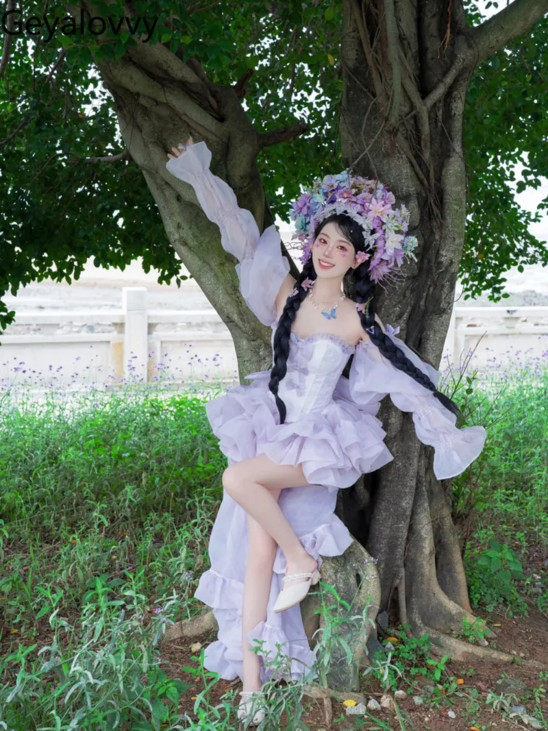 Summer Purple Outfits Princess Style Bow Trailing Slimming Tube Top and Elastic Waist Short Puff Skirt Sweet and Cute Girl Suit