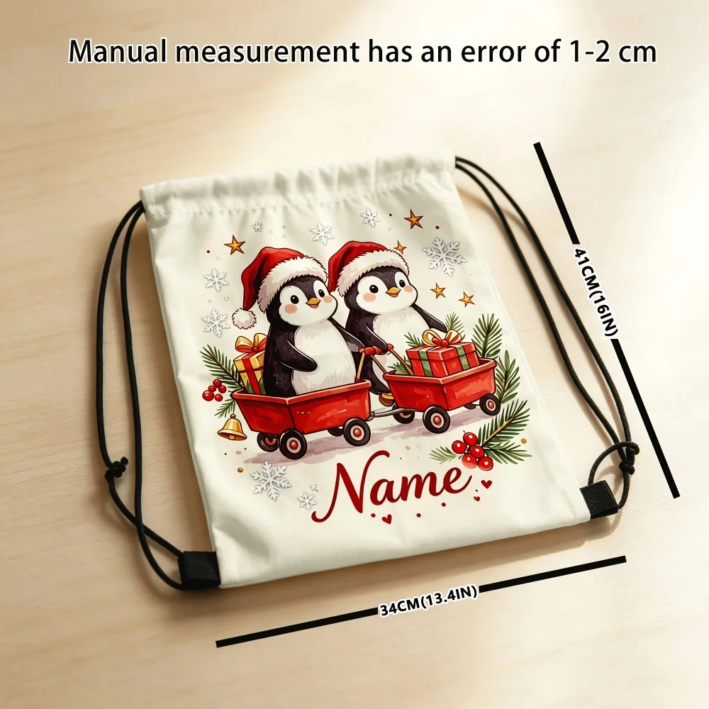 Custom Name Christmas Drawstring Backpack,Personalized Xmas Penguin Gift Cart Sack Bag,Lightweight Gift Sack for Present Storage