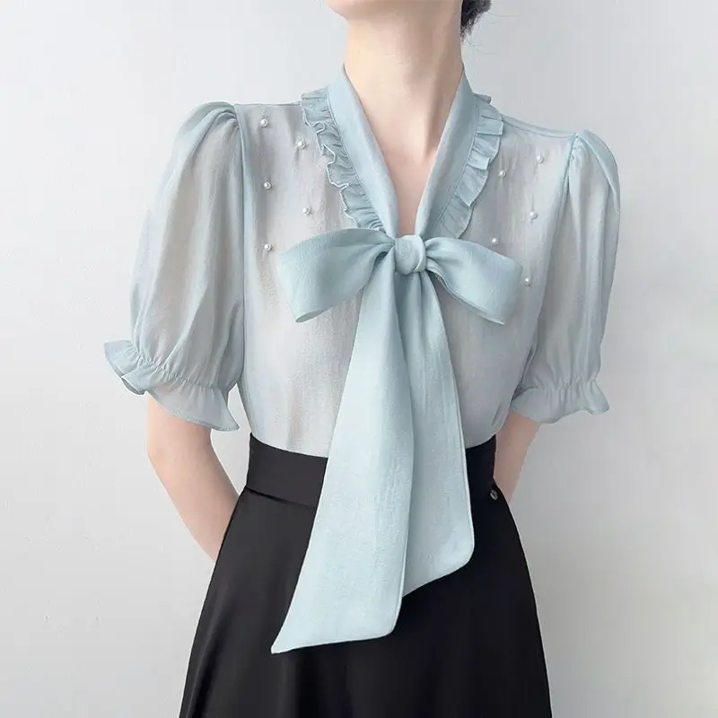 

Summer Korean Fashion Bow Lacing Embroidered Flares Shirts 2025 New Short Sleeve V-neck All-match Ruffles Blouse Women Tops