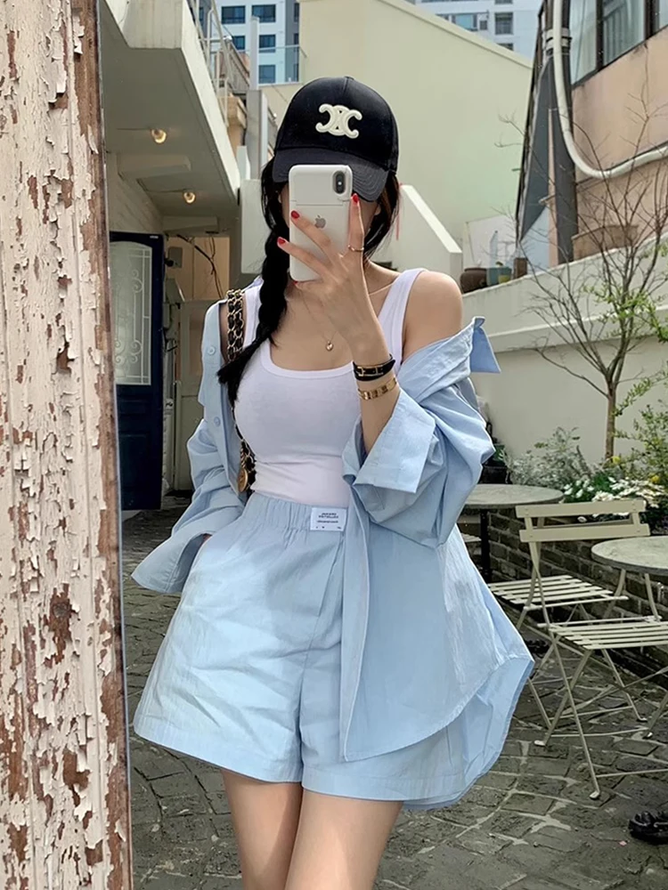 Clothland Women Sweet Blouse Shorts Suit Long Sleeve Shirt Elastic Waist Mini Shorts Pink Baby Blue Two Piece Set TA442