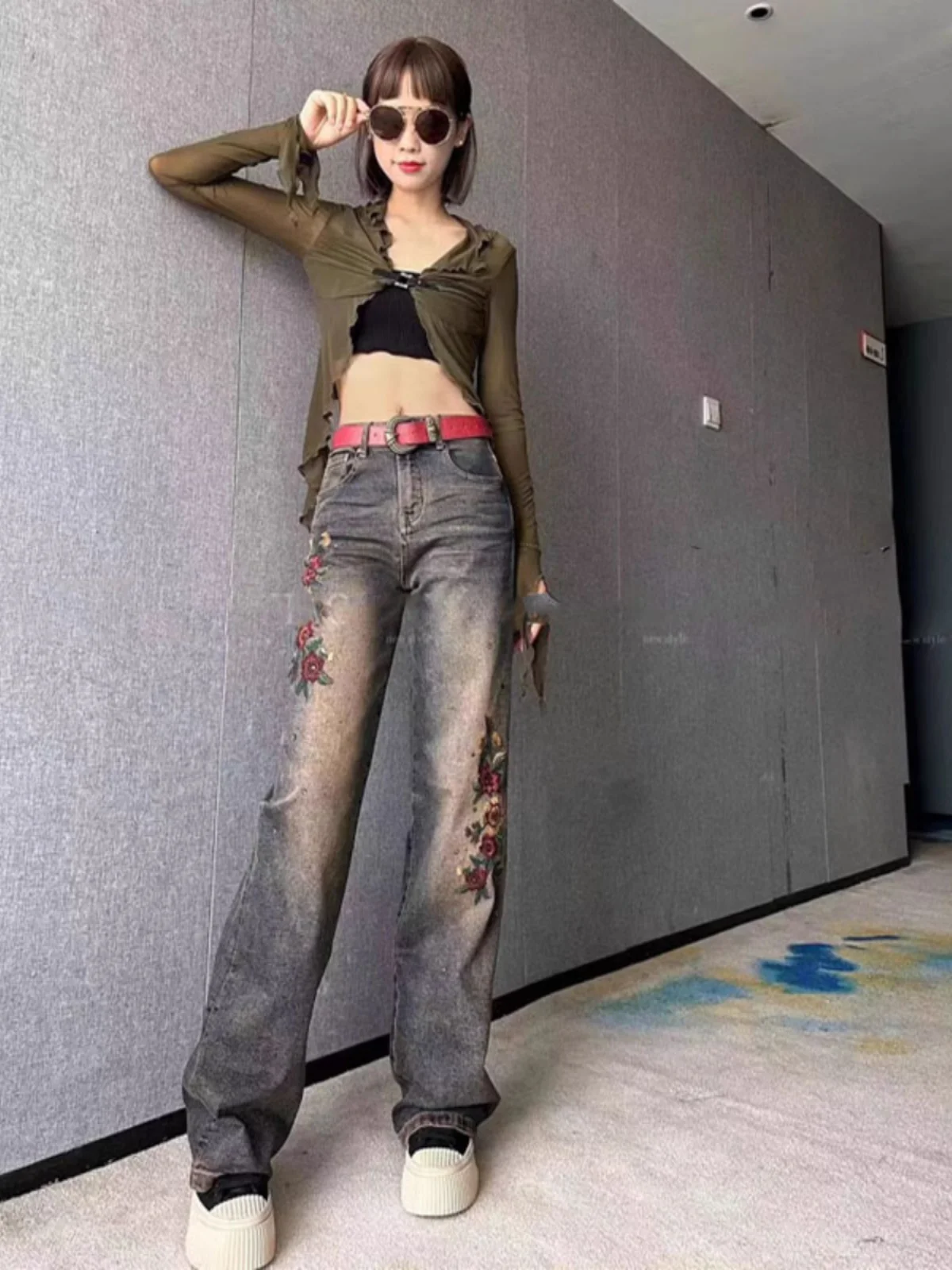 

Fashionable Embroidered Heavy Work Women's Jeans High Waist Straight Leg Floor Length Wide Leg Pants Versatile Cotton Stretch...