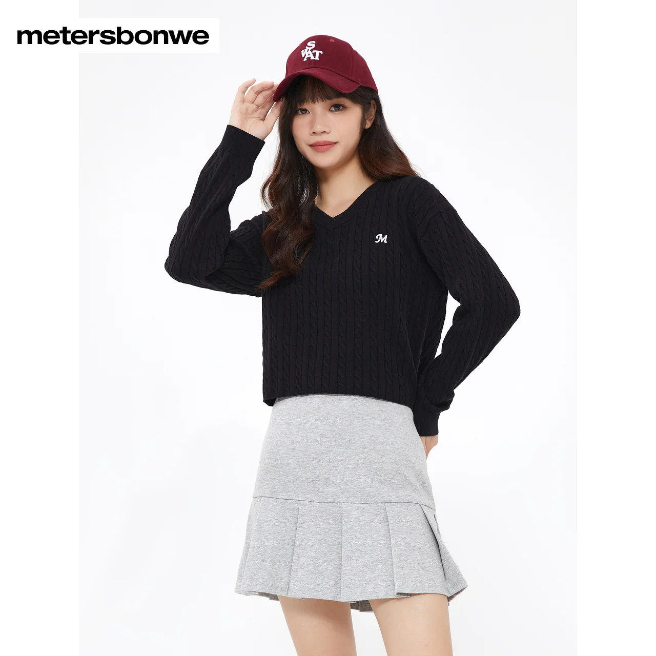 

Metersbonwe-Women's V-Neck Solid Color Sweater Jumper Short Slim-Fit Long Sleeved Twisted Sweater Basic Sweet Spring