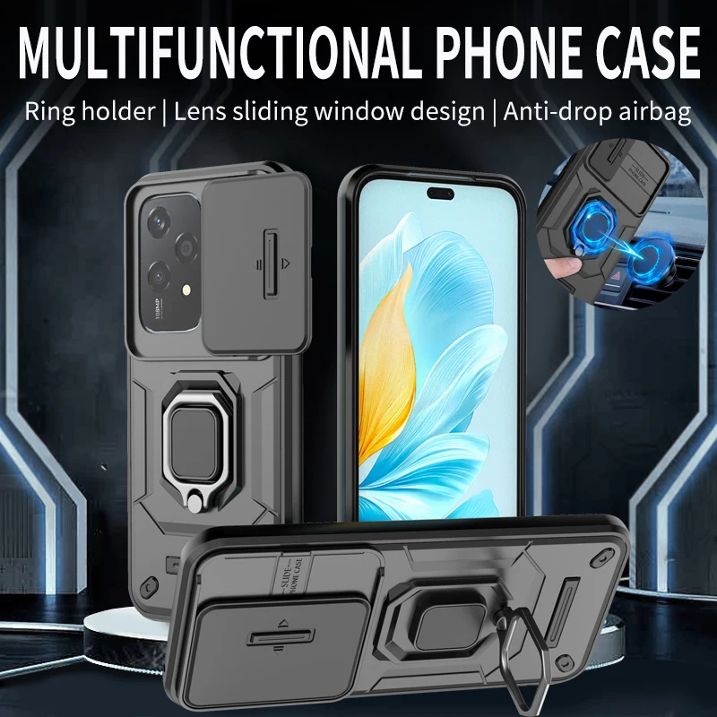 For Honor 200 Lite Case Armor Shockproof PC Magnetic Holder Ring Cover For Honor200 Lite 5G Funda Slide Camera Lens Phone Cases