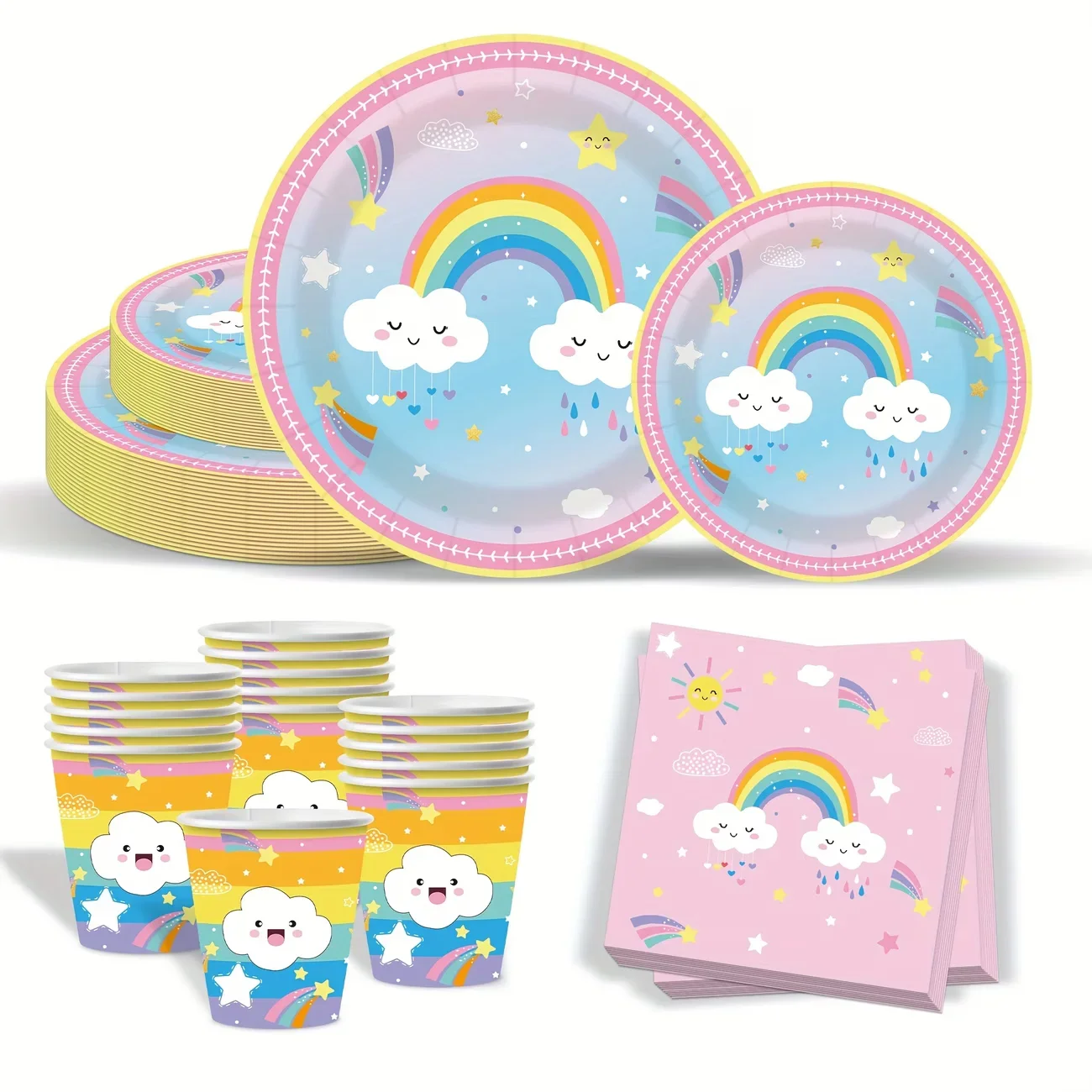 Niedliches Regenbogen-Wolken-Party-Geschirr, Einweg-Pappteller, Becher, Servietten für Mädchen, Babyparty, Kinder, Boho-Geburtstagsdekoration