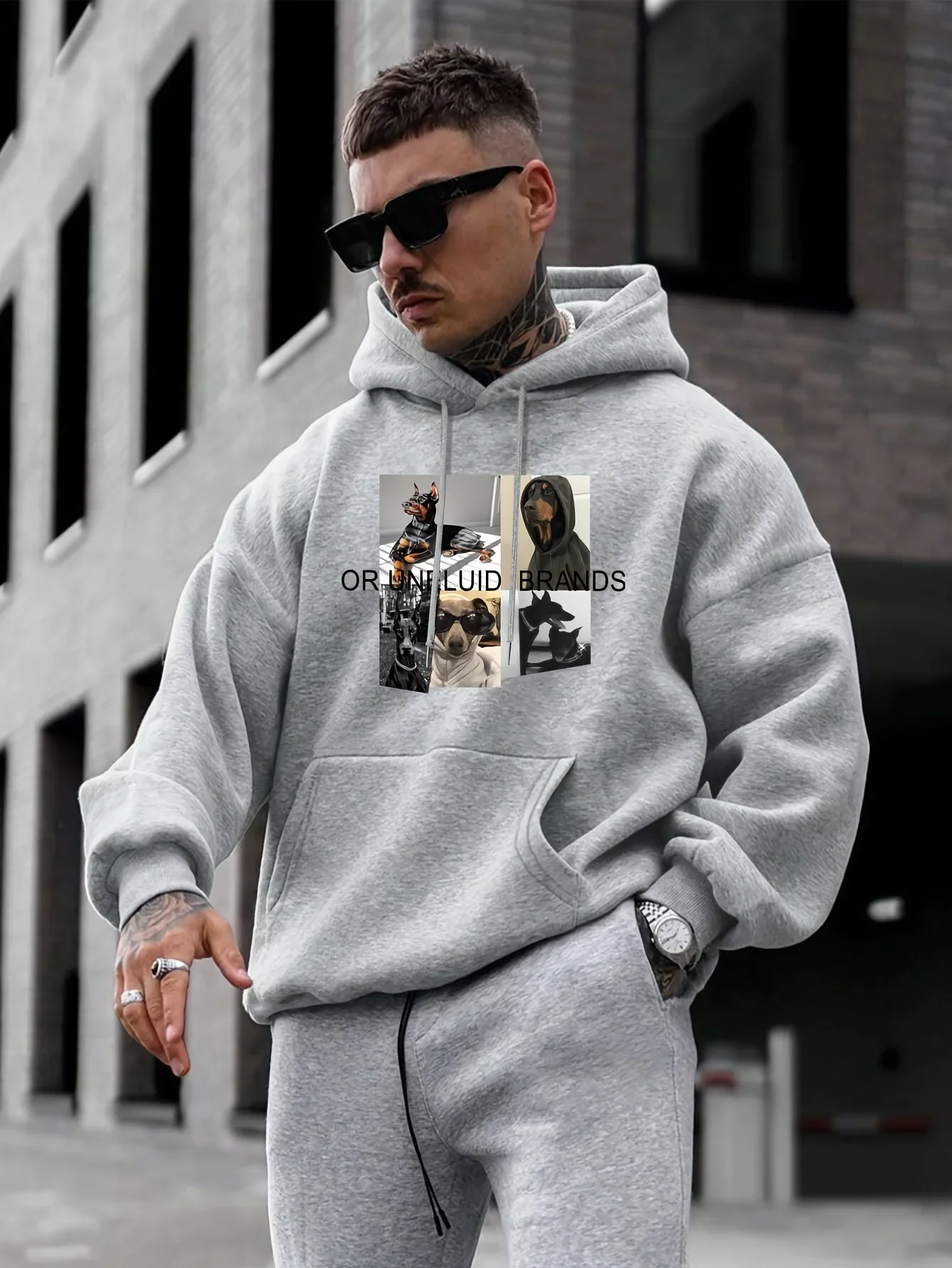 Multi-patterned Cool Dog Patchwork Design Letter Print Drop-shoulder Men's Hoodie Autumn/winter Casual Loose Pullover Sweatshirt
