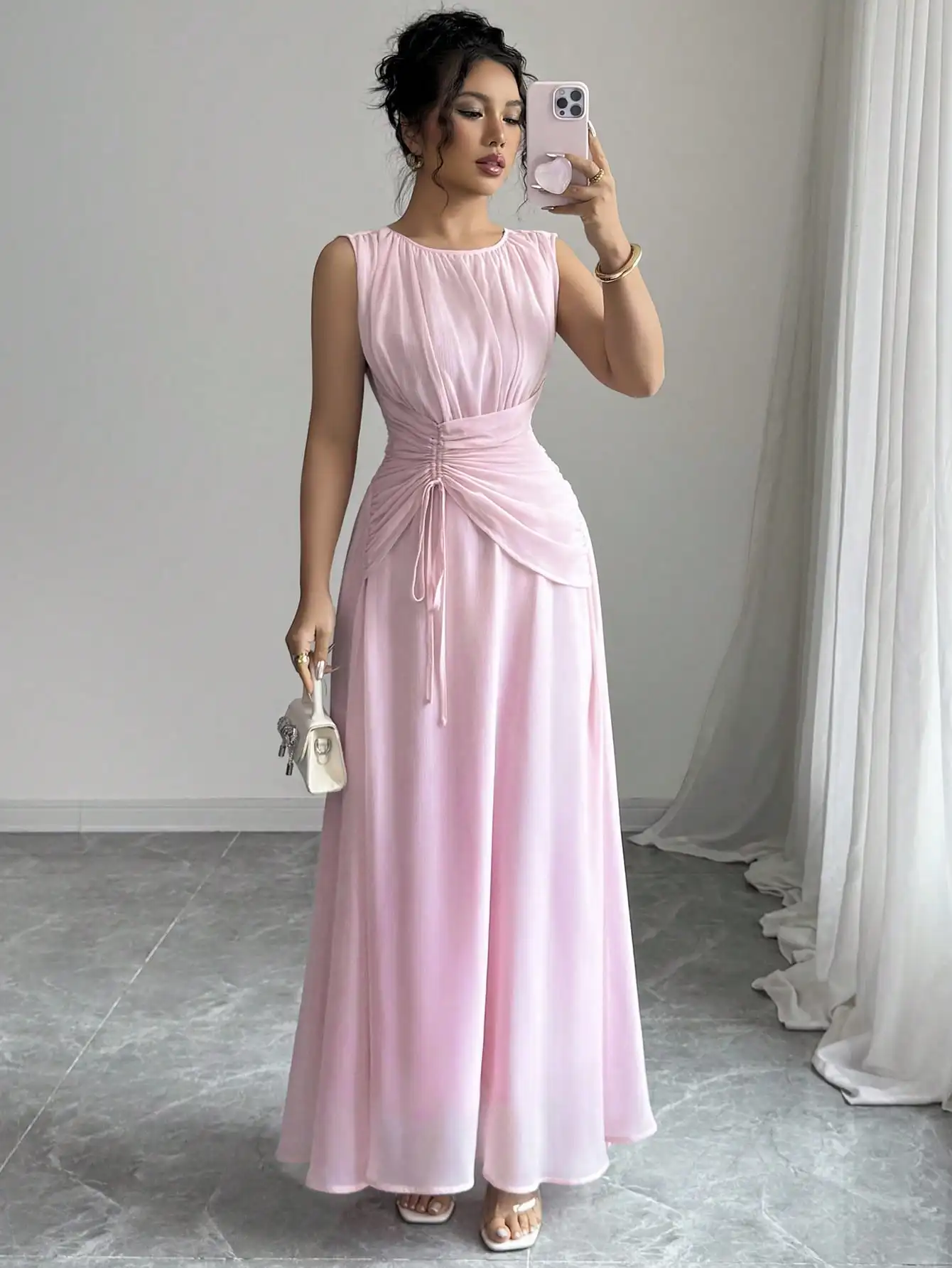 여성용 롱 쉬폰 맥시 드레스, 허리끈 디자인, 우아한 프렌치 로맨틱 빈티지 스타일, 캐주얼에 적합