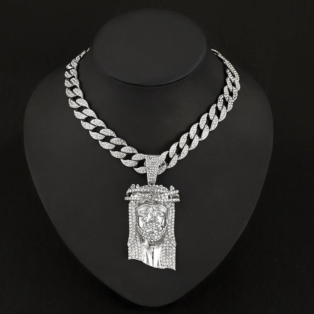 Colgante de cabeza de Jesucristo para hombre, cristal de hielo brillante, colgante de diamantes de imitación, cadena superior con cadena, joyería de Hip Hop