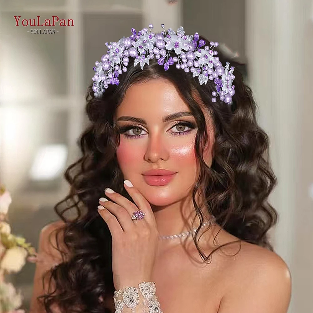 

YouLaPan Elegant Bride Pearls Hair Hoop Wedding Headpiece Rhinestone Alloy Leaf Hair Accessories Woman Handmade Headwear HP603