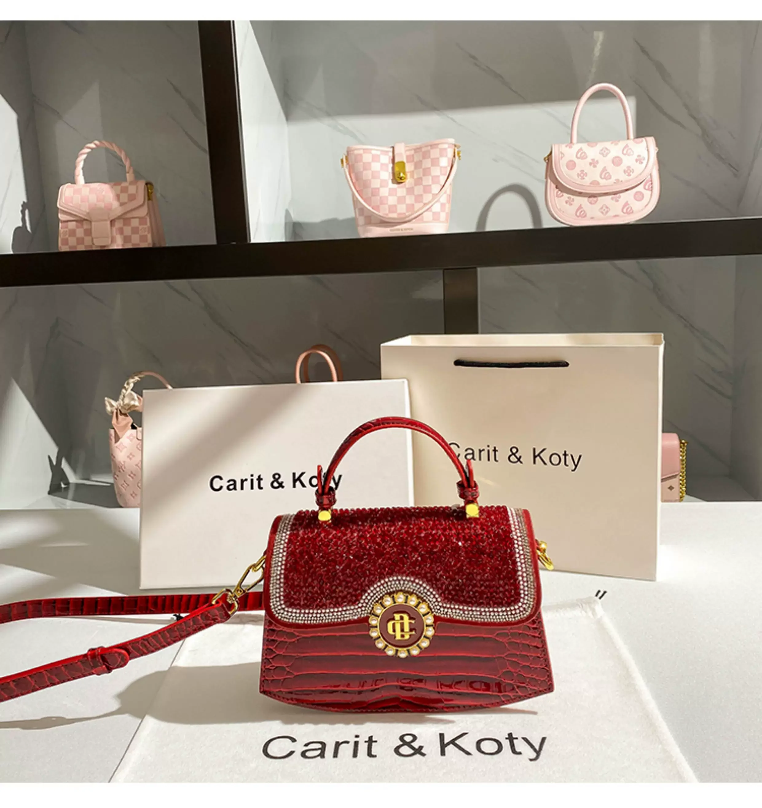 Fashion Glitter Diamond Flap Women Handbag Red Crocodile Pattern Clutch Purse Pearl Decor Evening Party Shoulder Crossbody Bag