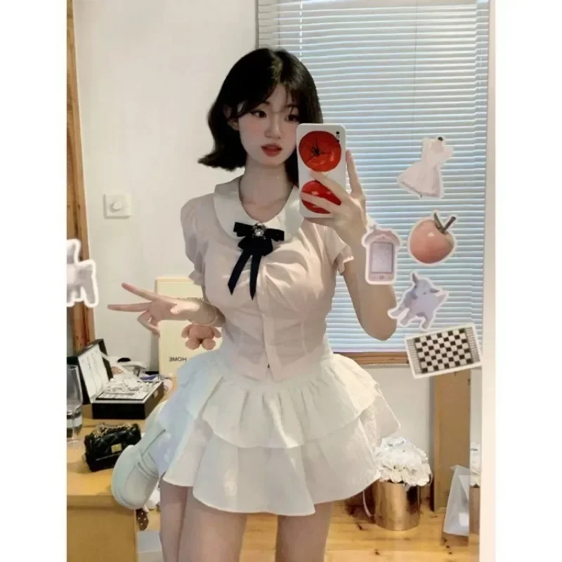 Sweet Kawaii Peter Pan Collar Slim Fit Puff Sleeve Pink Shirts Women+ Y2k High Waist White Skirts Summer New Two Piece Sets