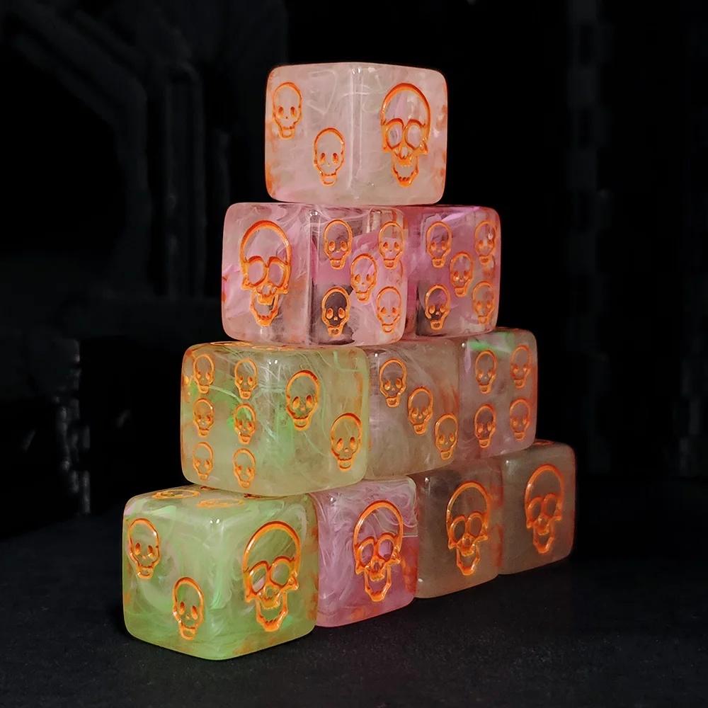 10PCS Halloween Trick or Treat Pink Green Cloud Swirl Resin Orange Skull D6 Dice Set for D&D Spooky Tabletop Board