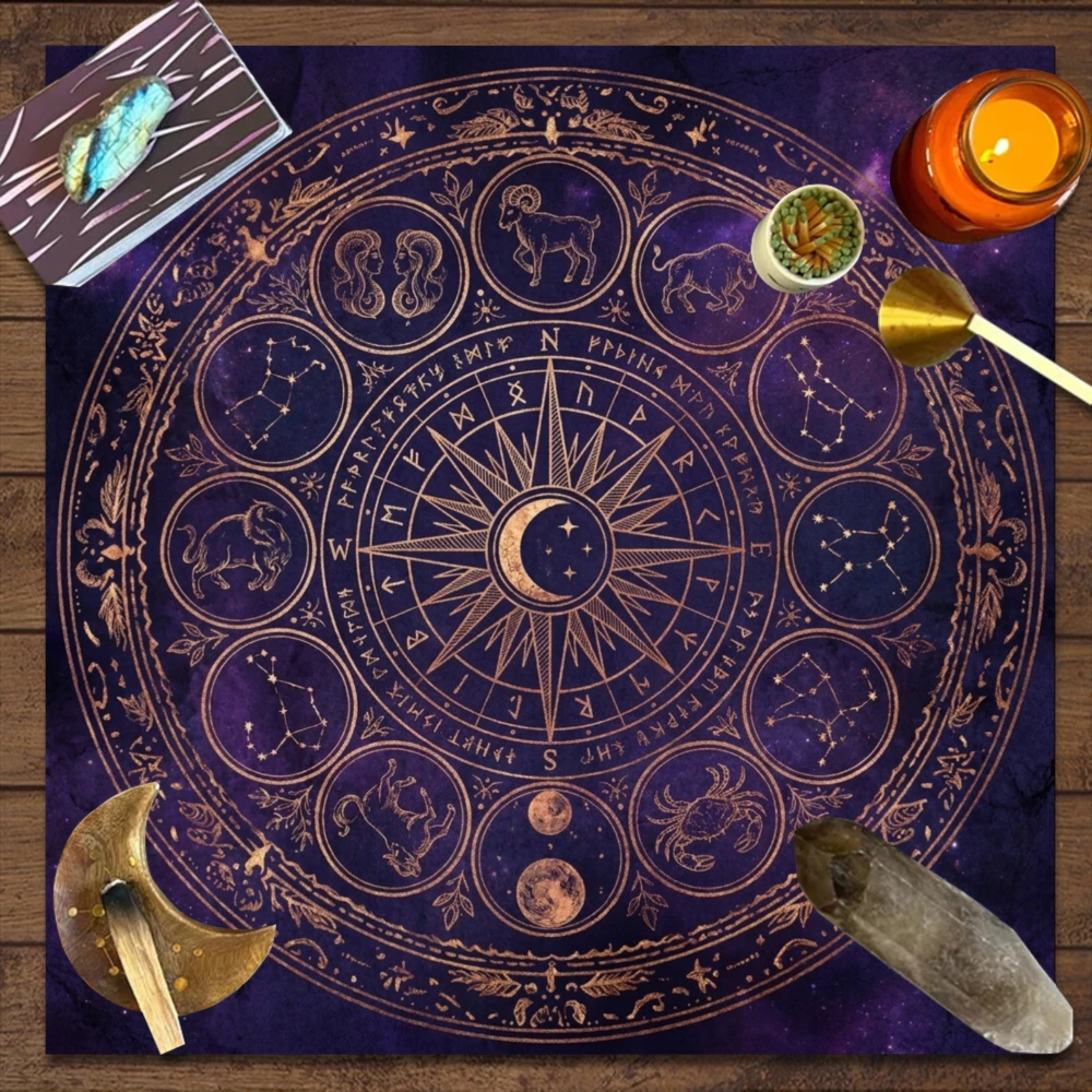 Tarot Cloth Neutral Tarot Cloth Astrology Sun Dark Purple Golden Zodiac Constellation Ritual Meditation Crystal Party Decor